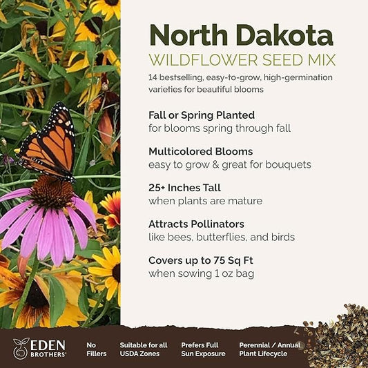 Eden Brothers North Dakota Wildflower Mixed Seeds for Planting, 1 oz, 30,000+ Seeds with Calendula, Sunflower | Attracts Pollinators, Plant in Spring or Fall, Zones