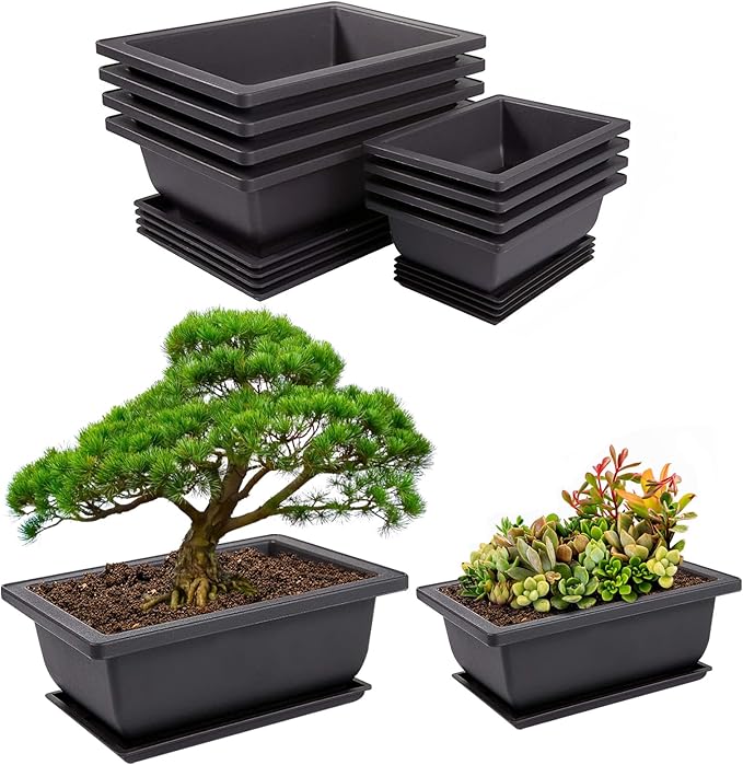 PAMASE 8 Packs Bonsai Training Pot with Humidity Tray - 6.5in & 9in Training Nursery Pots Kit, Plastic Plants Growing Planter with Drainage Tray, Indoor Succulents Decor Garden