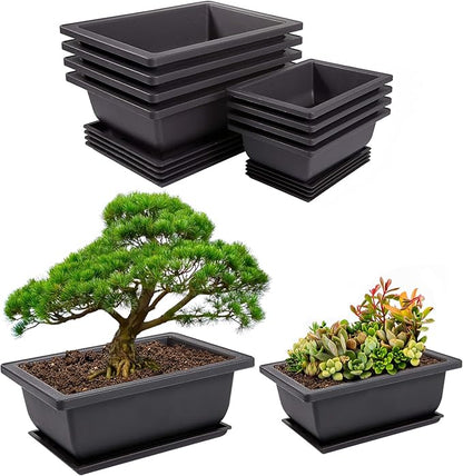 PAMASE 8 Packs Bonsai Training Pot with Humidity Tray - 6.5in & 9in Training Nursery Pots Kit, Plastic Plants Growing Planter with Drainage Tray, Indoor Succulents Decor Garden