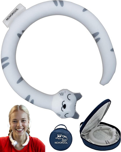 Neck Cooling Tube with Insulated Bag - Reusable Ice Ring Neck Cooler Wrap Indoor Outdoor - Wearable Cooling Ring - Relief for Summer and Hot Flashes - Freezes Under 64℉ (Gray Cat)
