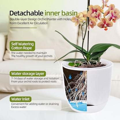 QCQHDU 2 Pack 5.7Inch Orchid Pots with Holes for Repotting, Double-Layer and Self Watering Orchid Pot with Good Air Circulation