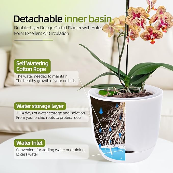 QCQHDU 2 Pack 7.2 Inch Orchid Pots with Holes for Repotting, Double-Layer and Self Watering Orchid Pot with Good Air Circulation