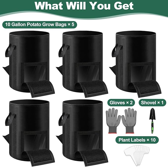 Lezmarket 5 Pack 10 Gallon Potato Grow Bags, Nonwoven Fabric Garden Planters with Reinforced Handle, Large Pots for Potato, Vegetable and Outdoor Plants