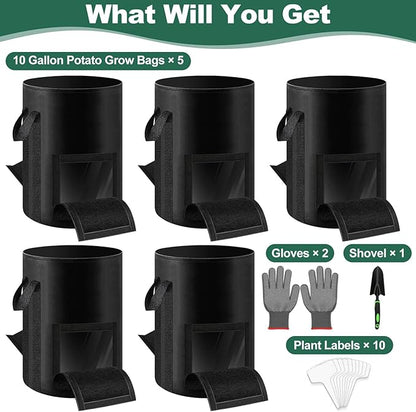 Lezmarket 5 Pack 10 Gallon Potato Grow Bags, Nonwoven Fabric Garden Planters with Reinforced Handle, Large Pots for Potato, Vegetable and Outdoor Plants