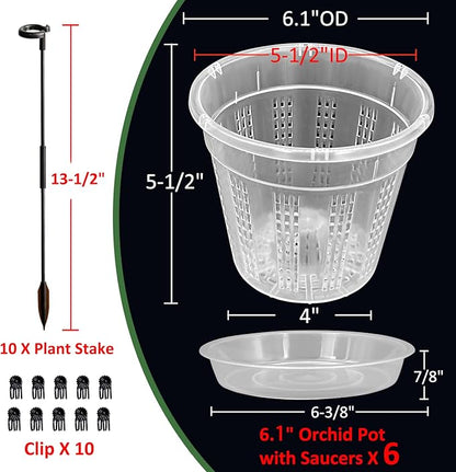 Orchid Pot with Saucers, 6 Pack 6.1" Orchid Pots with Holes and 10Pcs Plant Stakes, Clear Plastic Flower Plant Pot for Indoor Outdoor Plants(6 Pack 6.1" + Saucers)