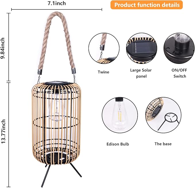 Livinlarge Solar Lantern Outdoor Waterproof,Large Rattan Lantern Outdoor Hanging with Handle,Bright Solar Lights with Edison Bulb for Garden Patio Yard Tabletop Decoration