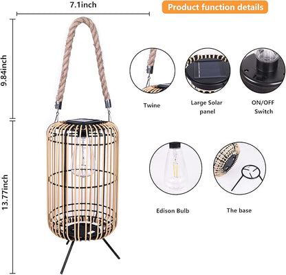 Livinlarge Solar Lantern Outdoor Waterproof,Large Rattan Lantern Outdoor Hanging with Handle,Bright Solar Lights with Edison Bulb for Garden Patio Yard Tabletop Decoration