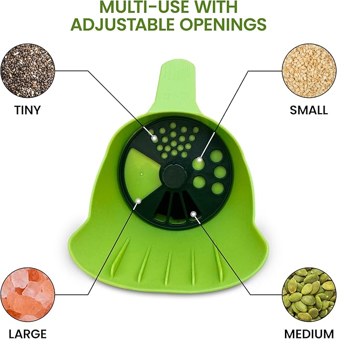Garden Guru Handheld Seed Spreader Shaker – Multi Use Grass Seed, Fertilizer, Ice & Snow Melt Spreader – Adjustable Twist Cap w Multiple Size Openings – Lightweight 1L Capacity Hand Seeder (2 Pack)
