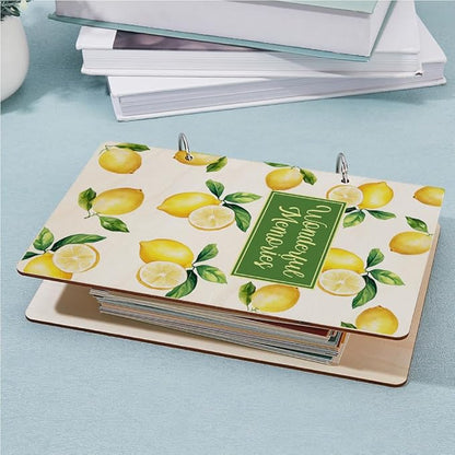 SUPERDANT Wonderful Memories Greeting Card Organizer Planning Book Binder Card Keeper Birthday Cards Holder Lemon Wooden Keeper Binder Photo Album 2-Rings Cover with Punch and 20pcs Inner Pockets