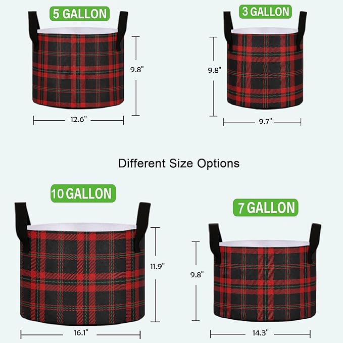 10 Gallon Black Red Tartan Plaid Scottish Pattern Breathable Grow Bag Heavy Duty Thickened Plant Pot Containers Bag with Handles for Potato Tomato Flowers Fruits Vegetables