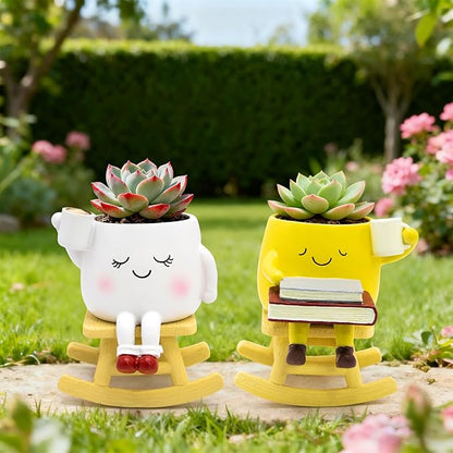 Smily Face Rocking Chair Planter -Cute Resin Book Coffee Succulents Plant Pots with Drainage Hole for Indoor Outdoor Garden, Gift IdeaI for Mother Appreciation Christmas (Yellow)