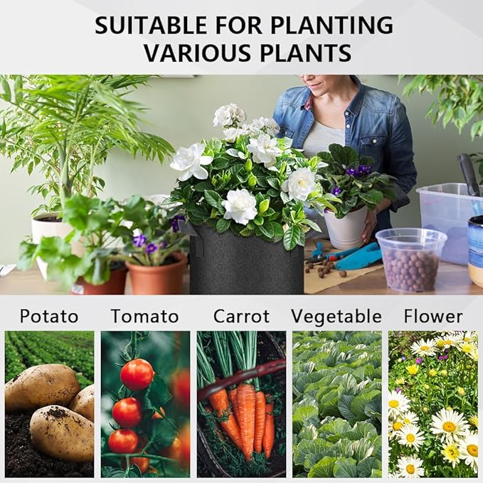 50 Pack Grow Bags, Black Heavy Duty Fabric Pots Nonwoven Potato Grow Bags with Sturdy Handles & Reinforced Stitching, Breathable Vegetable Flower Plant Growing Containers Bags (10 Gallon)