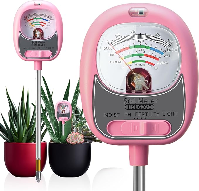 HSLGOVE 4-in-1 Moisture Meter for Plants，Soil Test Kit – Soil Moisture Meter, pH, Fertility & Sun-Light, Large Dial Soil Tester for Indoor & Outdoor Gardening, Lawn, Farm –Baby Pink