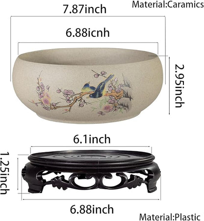 TOIVO Lotus Bowl Planter, Coarse Pottery Water Lily Flower Pot with Plastic Base, 7.8 inches (B-1)