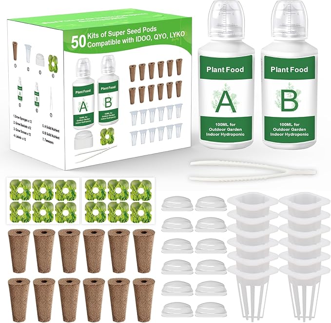 Seed Pods Kit Hydroponics Supplies with 12 Square Grow Sponges, 12 Square Grow Baskets, 12 Grow Domes, A&B Solid Nutrient Plant Food, 12 Labels and 1 Tweezer, Compatible with QYO, LYKO, iDOO IG201