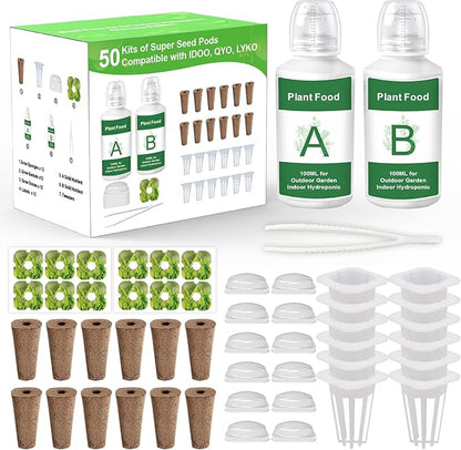 Seed Pods Kit Hydroponics Supplies with 12 Square Grow Sponges, 12 Square Grow Baskets, 12 Grow Domes, A&B Solid Nutrient Plant Food, 12 Labels and 1 Tweezer, Compatible with QYO, LYKO, iDOO IG201