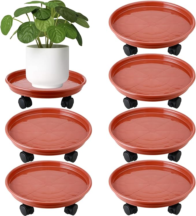 6 Packs Plastic Plant Caddy with Wheels 11.8" Plastic Rolling Plant Stands Heavy-duty Plant Dolly with Casters Indoor and Outdoor Plant Roller Base Wheels, Rust Red