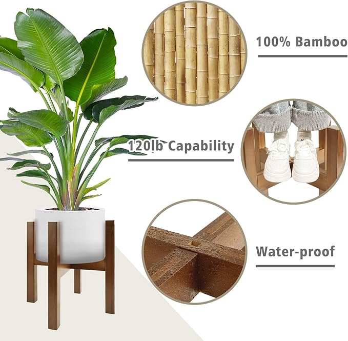 Natural Bamboo Plant Stand Indoor, Adjustable Plant Shelf Indoor Fits 8-12 Inch Pots, Mid Century Modern Decor to Refresh Your Space(Pot & Plant Not Included)