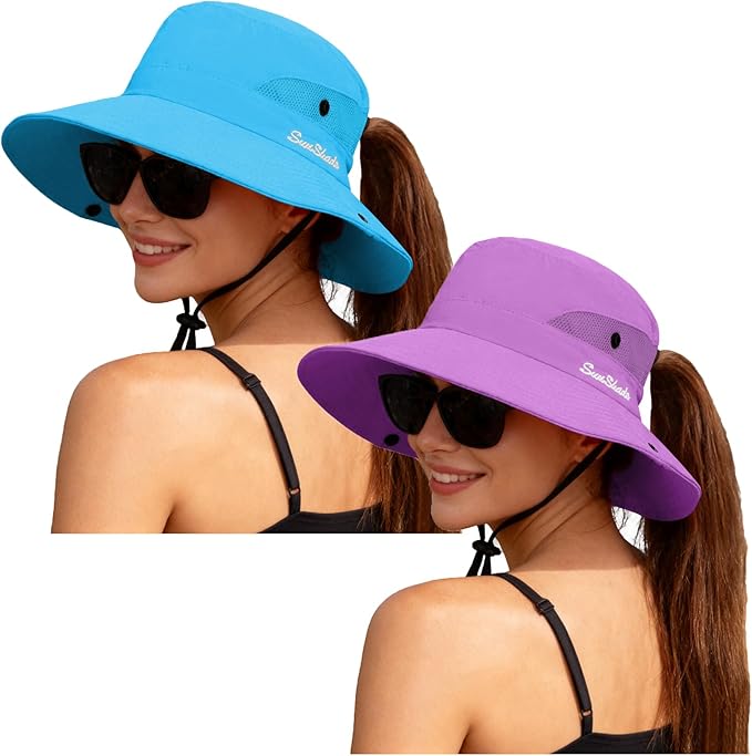 ZOORON Women's Ponytail Safari Sun Hat,Wide Brim UV Protection Outdoor Bucket Hat,Foldable Beach Summer Fishing Hat