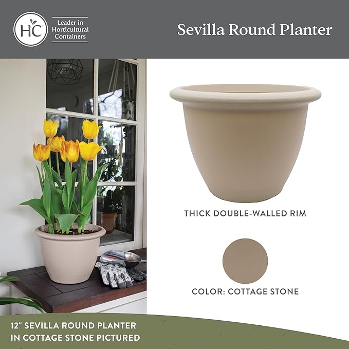 The HC Companies Sevilla Flower Planters - Outdoor & Indoor Planter - Round Self Watering Plant Pots for Herbs & More (16”, Cottage Stone, Pack of 2)