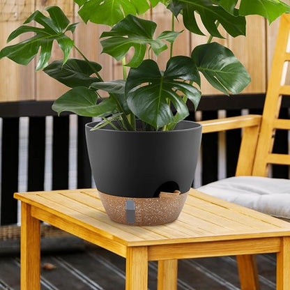 Self-Watering Plant Pots with Water Level Indicator, Drainage Holes & Saucers – 12/10/9 Inch Large Plastic Planter Set for Indoor & Outdoor Plants(Black)