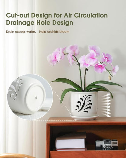 Ceramic Orchid Pot, 6 Inch Orchid Pots with Holes and Saucer for Indoor/Outdoor Plants Drainage & Air Circulation, White Orchid Planter for Repotting or New Plants