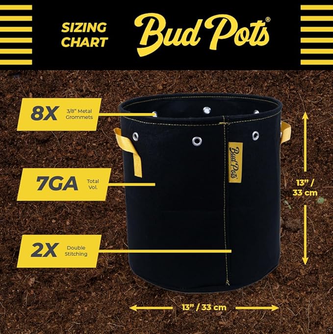 BudPots for Optimal Plant Growth | 7Ga Fabric Pots (26.5L) | 4-Pack | Metal Reinforced Rim - Sturdy & Never Collapses | Promotes Dense & Healthy Roots | Low Stress Training | Reusable