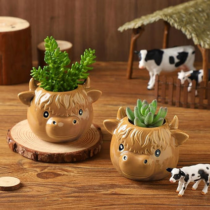 Sieral 2 Pcs Highland Cow Succulent Pots with Drainage Cute Animal Ceramic Planter Pots Plants Holder Cow Shaped Cactus Flower Container for Home Display and Office Desk Decoration