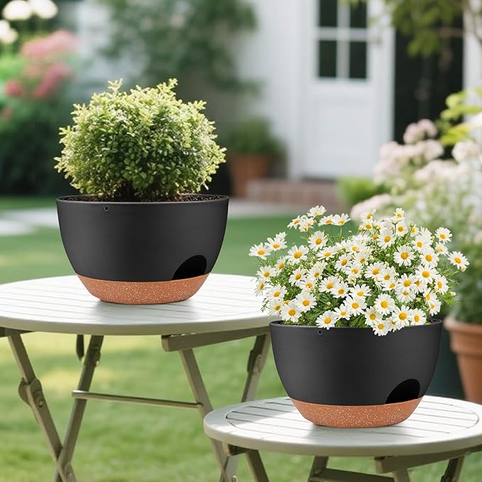 Plant Pots 12inch Self Watering Pots, Set of 2 Plastic Planters with Drainage Holes and Saucers, Flower Pots for Indoor Outdoor Plants (Black)
