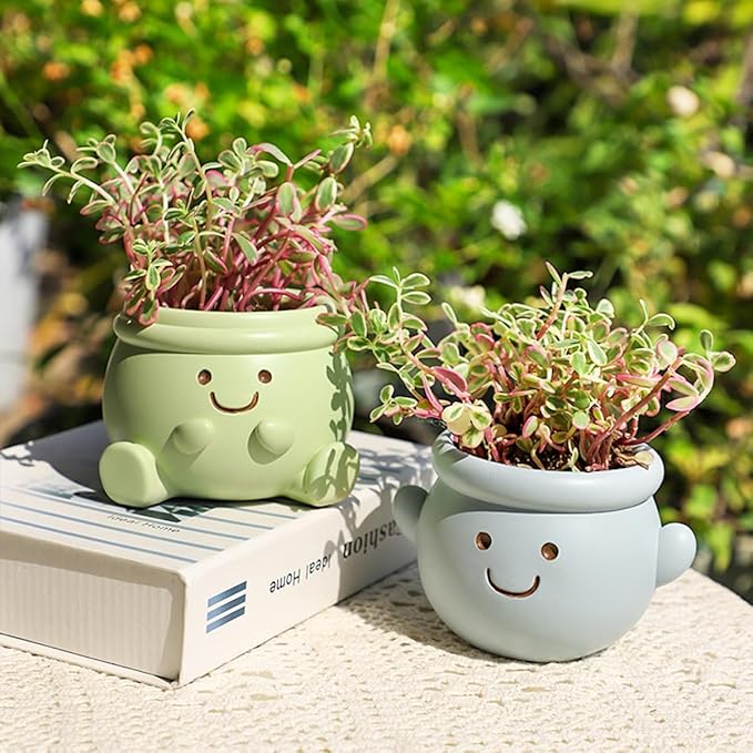 Cute Face Planter Pot, Small Resin Head Planters for Indoor Plants, Funny Smiling Face Flower Pot Succulent Planter with Drainage Hole, Gift IdeaI for Birthday Christmas (Green)