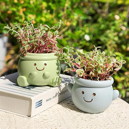 Cute Face Planter Pot, Small Resin Head Planters for Indoor Plants, Funny Smiling Face Flower Pot Succulent Planter with Drainage Hole, Gift IdeaI for Birthday Christmas (Green)
