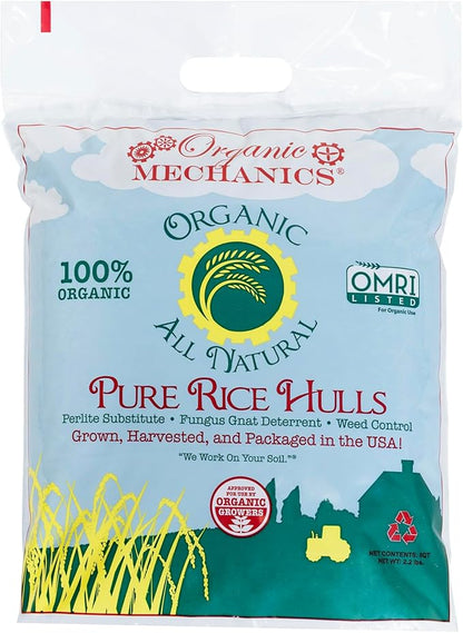 Organic Mechanics Pure Rice Hulls, 8 qt (Pack of 4) - Sustainable Alternative to Perlite - Enhances Drainage, Porosity and Air Space - Eco-Friendly