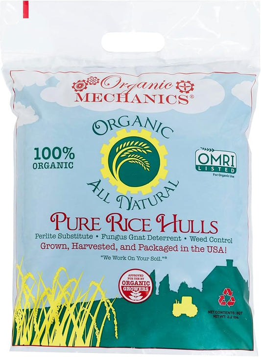 Organic Mechanics Pure Rice Hulls, 8 qt (Pack of 2) - Sustainable Alternative to Perlite - Enhances Drainage, Porosity and Air Space - Eco-Friendly