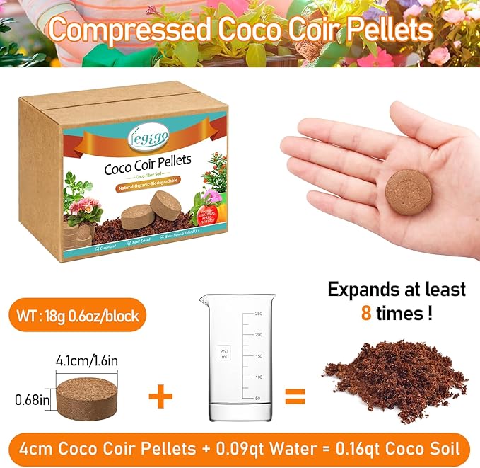 Legigo 200 PCS 40mm Coco Coir Pellets Potting Soil Mix- Compressed Coconut Coir Discs Seed Starting Soil Pellets, Coco Peat Soil Pods for Indoor & Outdoor Plants, Gardening Herbs Bonsai and Vegetables