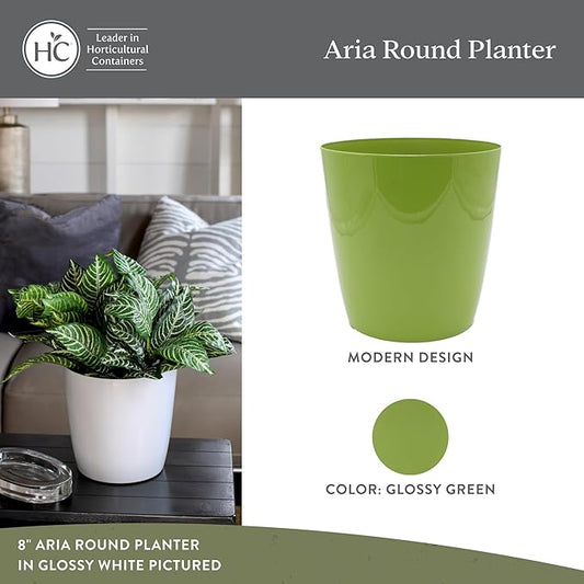The HC Companies Aria Round Self-Watering Pot - Lightweight Plastic Planter for Herbs & More - Durable Plant Pots for Indoor Plants & Outdoor Plants (8" Glossy Avocado, Pack of 1)