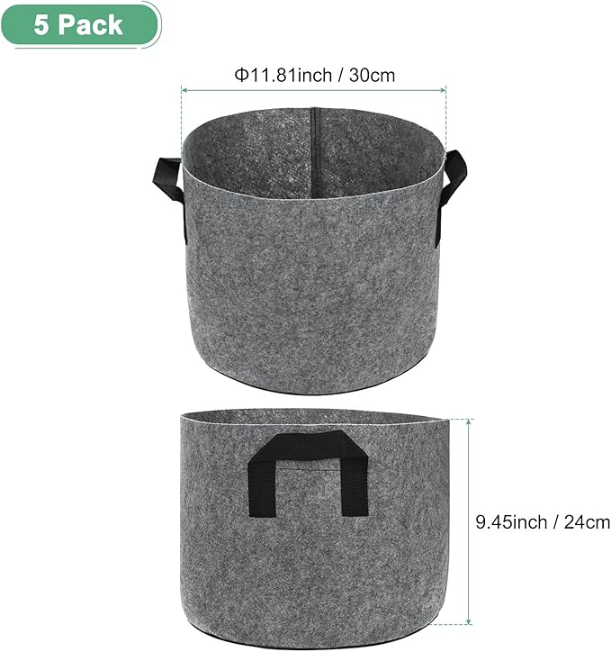 5-Pack Plant Grow Bags 5 Gallon Grow Bags 300G Thickened Fabric Pots with Durable Handles Plant Garden Grow Pots for Fruits/Vegetables/Flowers/Plants [Grey]