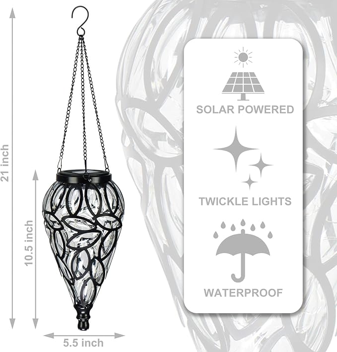 LEWIS&WAYNE Solar Hanging Lantern Outdoor Lights, Tear-Shaped 15 LEDs Cool White Hanging Lights with S Hooks Decor in Garden, Yard, Pathway, Front Door and Landscape