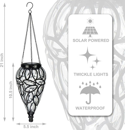 LEWIS&WAYNE Solar Hanging Lantern Outdoor Lights, Tear-Shaped 15 LEDs Cool White Hanging Lights with S Hooks Decor in Garden, Yard, Pathway, Front Door and Landscape