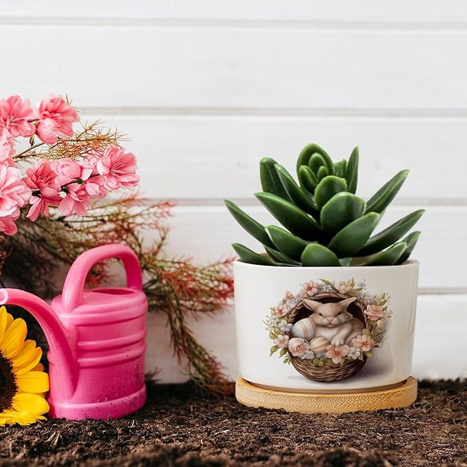 Watercolor Easter Basket Bunny Ceramic Flower Pots,Gardening Plant Pot with Drainage Holes And Saucers Round Ceramic Pots for Indoor Plants Succulent Herbs Cactus Pots for Dad Papa Grandpa