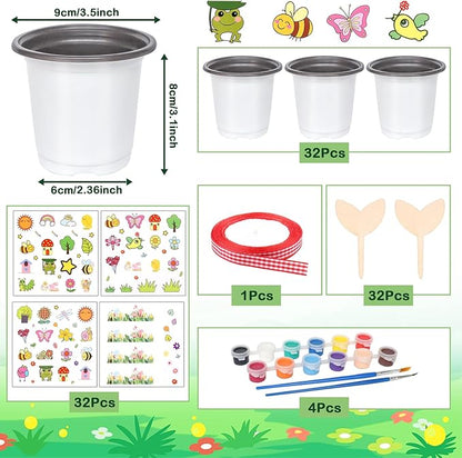 Aweyka Garden Plastic Pot Craft Kit 32 Nursery Pots with 32 Stickers 32 Plant Labels 4 Painting Tools and 1 Ribbon for Flower Plant Spring Graduation DIY Crafts Painting Gardening Growing Tools