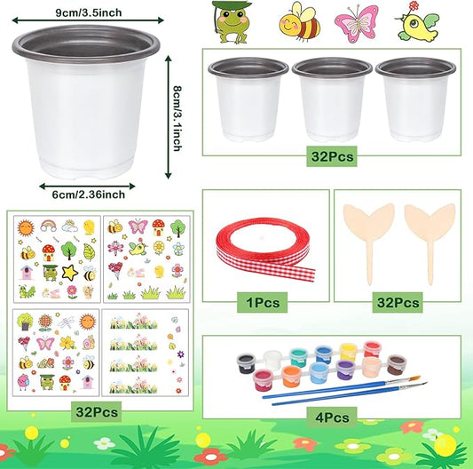 Aweyka Garden Plastic Pot Craft Kit 32 Nursery Pots with 32 Stickers 32 Plant Labels 4 Painting Tools and 1 Ribbon for Flower Plant Spring Graduation DIY Crafts Painting Gardening Growing Tools