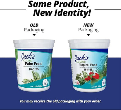 Jack's Classic 16-5-25 Tropical Food Water-Soluble Fertilizer with Micronutrients for Strong Lush Growth, 1.5lbs
