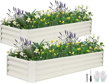 Galvanized Raised Garden Bed - 6x2x1ft (2Packs) Metal Garden Planter Box Outdoor | Steel Raised Bed Kit with Bracing Rods, Gloves for Gardening Vegetables Fruits and Flowers (White)