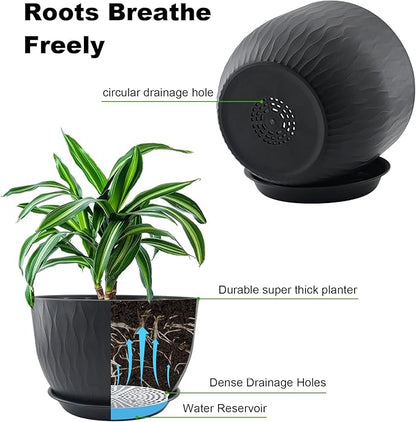 12/10/9 inch Plant Pots, 3 Pack Flower Pots for Outdoor Indoor Garden Plants, Large Planters with Multi Mesh Drainage Holes and Saucer (Black, 12"+10"+9")