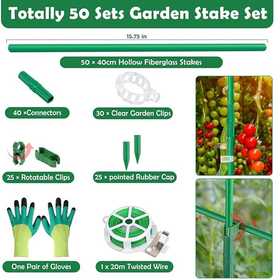 Cludoo 232PCS Garden Stakes Set with 70 Sets Fiberglass Plant Stakes Sticks Supports and Accessories, DIY 4ft 5ft 6ft 7ft Tomato Stakes for Tomato,Vegetables, Pepper, Fences Indoor Outdoor Plants
