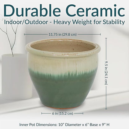 Sunnydaze Round Ceramic Planter - Set of 2 Indoor or Outdoor Plant Pots with Drainage Hole - Chalet - 12" - Seafoam Glaze