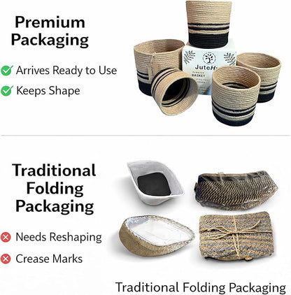 Planter Basket Set – 5-Piece Handwoven Jute Planter Basket for Home Decor, Nursery, or Indoor Plants (5'' to 8'' Diameter, 4.75'' to 7.75'' Height) – Fold & Wrinkle Free - Natural with Black Stripe
