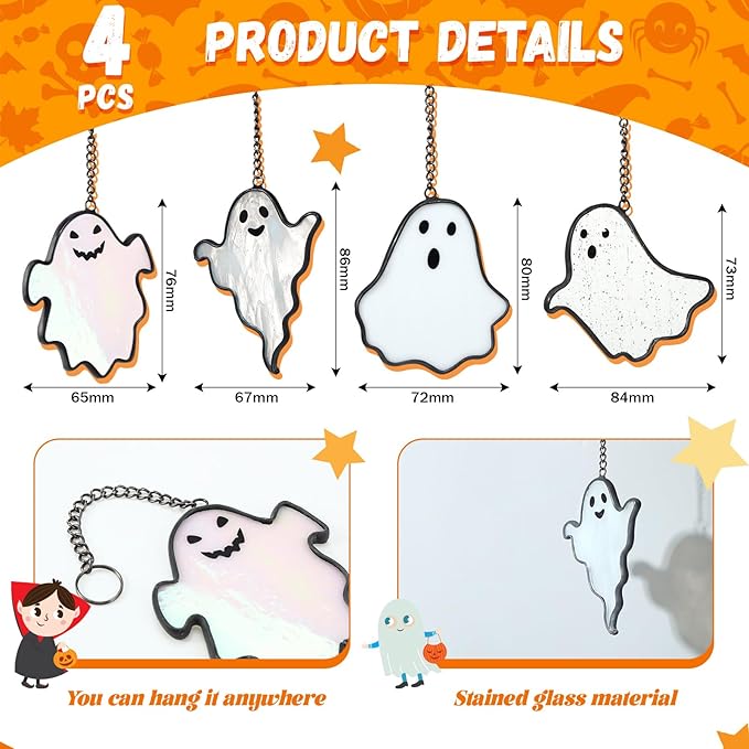Yungyan 4 Pcs Halloween Ghost Stained Glass Suncatcher Hand Painted Window Hangings Suncatcher Halloween Goth Decoration for Home, Office, Kitchen, Living Room, Wall