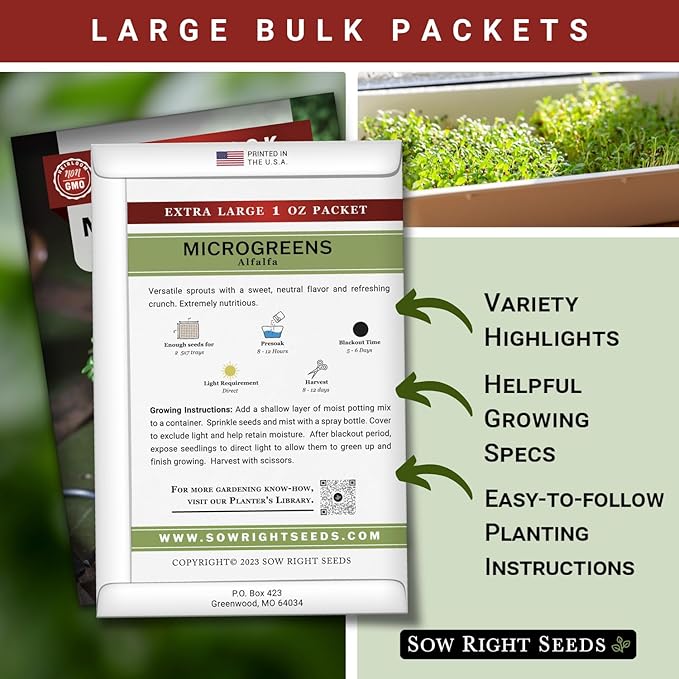 Sow Right Seeds - Bulk Alfalfa Seeds for Planting - 1 Ounce, 11000 Seeds - Non-GMO Heirloom Jumbo Pack with Instructions to Plant a Home Herb Garden - Grow Loads of Alfalfa Microgreens