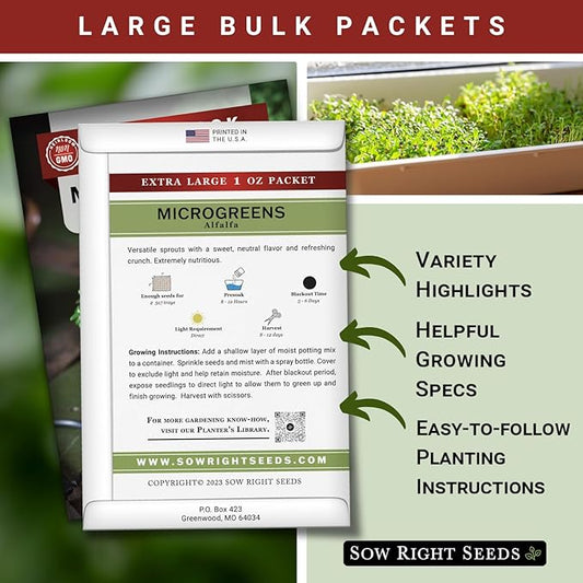 Sow Right Seeds - Bulk Alfalfa Seeds for Planting - 1 Ounce, 11000 Seeds - Non-GMO Heirloom Jumbo Pack with Instructions to Plant a Home Herb Garden - Grow Loads of Alfalfa Microgreens